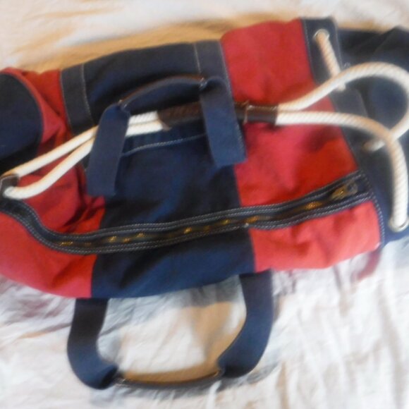 J, Crew Heavy Blue and Red Canvas Duffle Bag J Crew Canvas Rope pull string Bag - Picture 12 of 13